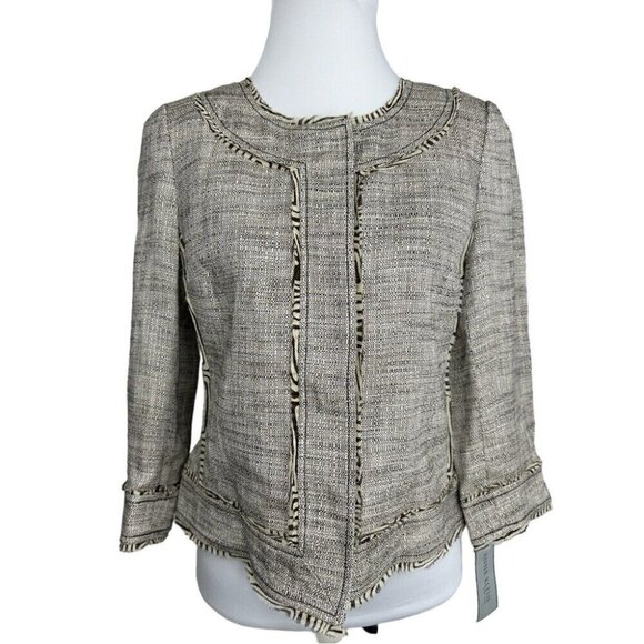 Anne Klein Women's NWT Tan Linen Tweed‎ Silk Animal Print Trim Jacket 6/C36 - Picture 1 of 15